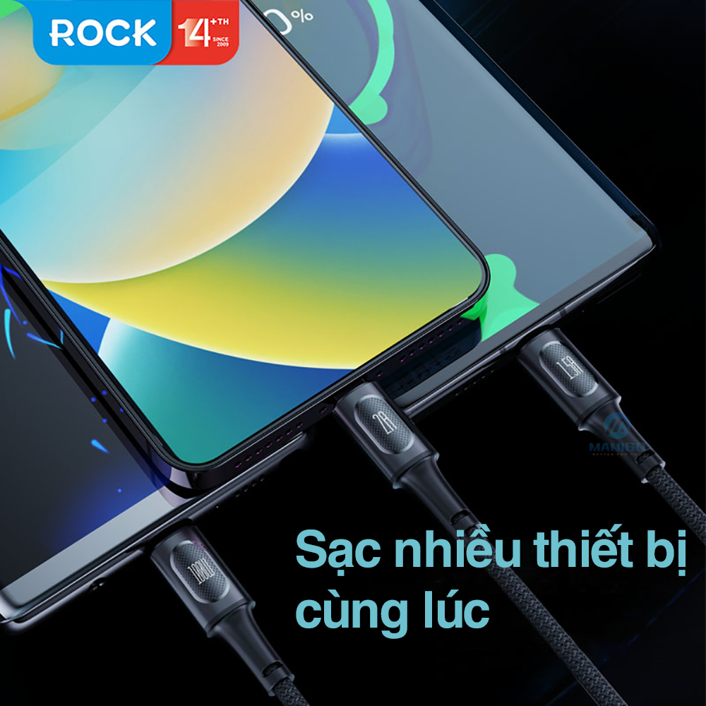 Dây cáp sạc nhanh 3 đầu iphone typeC micro Rock Touch Series 3.5A độ dài 1.2m dây dù sạc 3 thiết bị cùng lúc BH 12 tháng