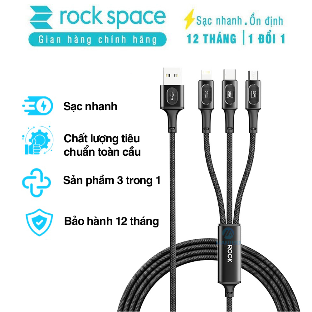 Dây cáp sạc nhanh 3 đầu iphone typeC micro Rock Touch Series 3.5A độ dài 1.2m dây dù sạc 3 thiết bị cùng lúc BH 12 tháng