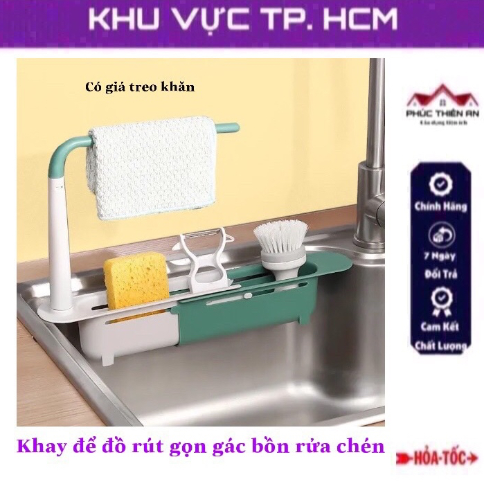 Khay để đồ rút gọn gác bồn rửa chén, bát có giá treo khăn - tiện dụng, đa năng