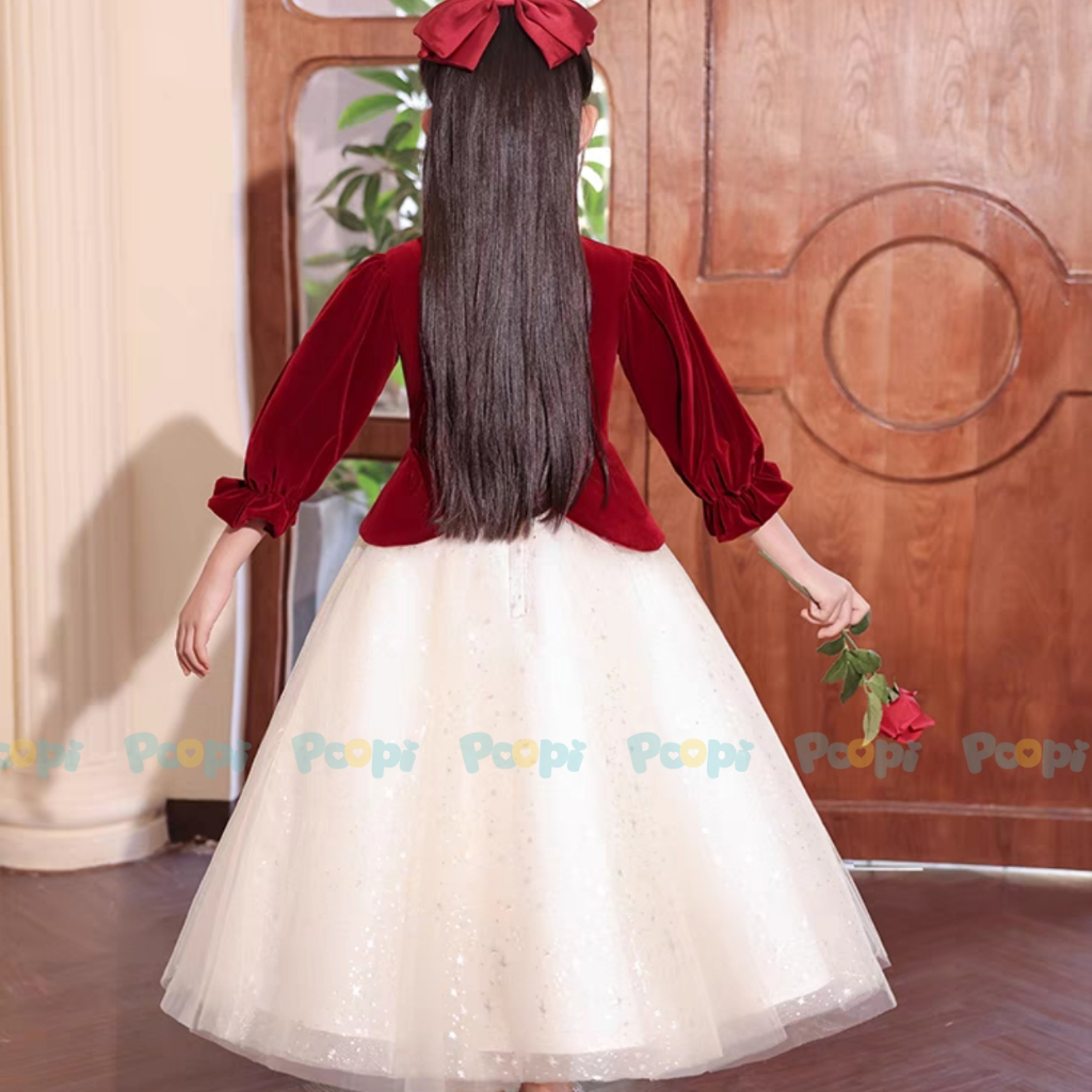 Váy Công Chúa Poopi Dáng Dài Tay Xòe Bồng  Màu Đỏ Đính Nơ Xinh Cho Bé, Váy Bé Gái Mặc Noel Mặc Tết