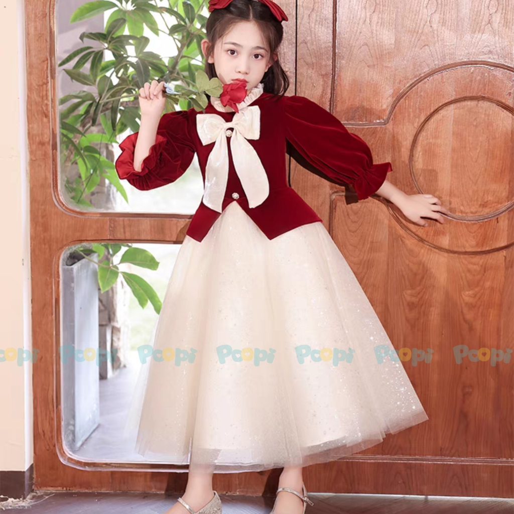 Váy Công Chúa Poopi Dáng Dài Tay Xòe Bồng  Màu Đỏ Đính Nơ Xinh Cho Bé, Váy Bé Gái Mặc Noel Mặc Tết
