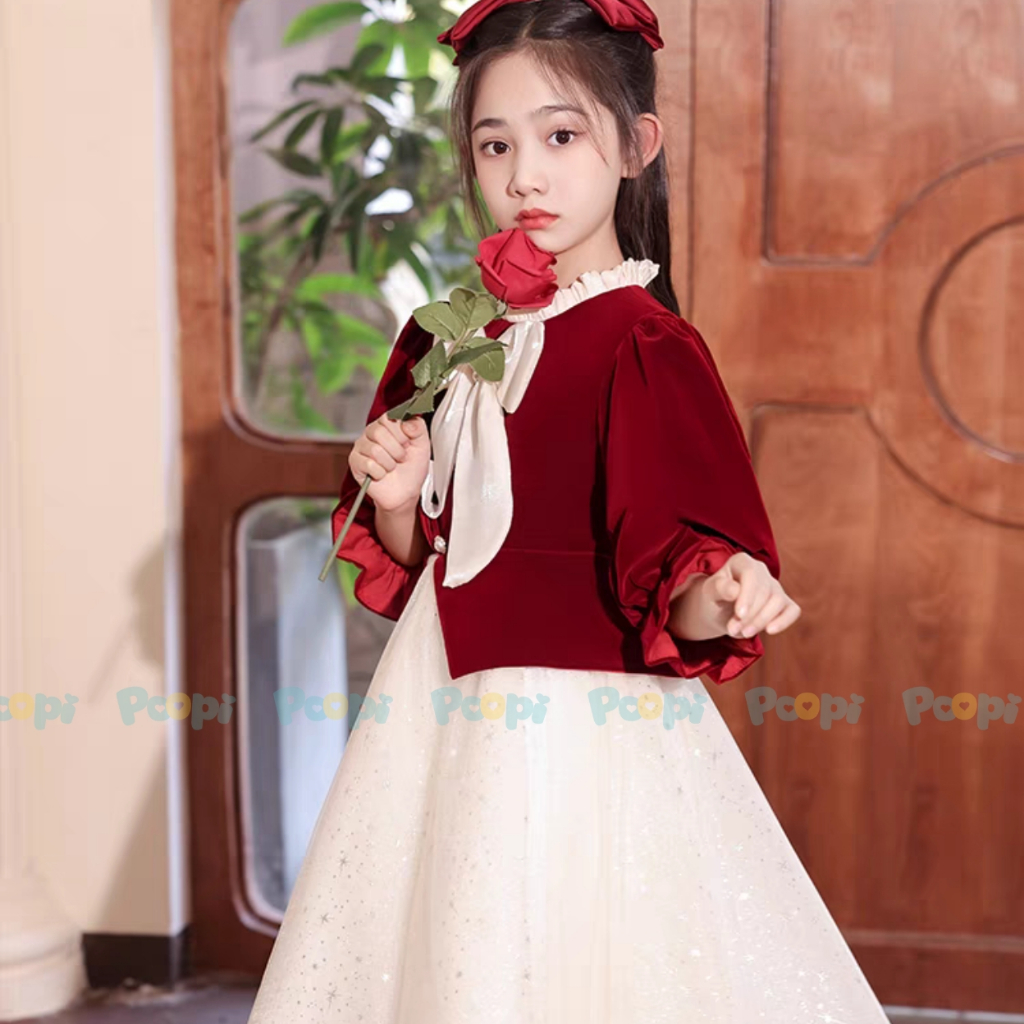 Váy Công Chúa Poopi Dáng Dài Tay Xòe Bồng  Màu Đỏ Đính Nơ Xinh Cho Bé, Váy Bé Gái Mặc Noel Mặc Tết