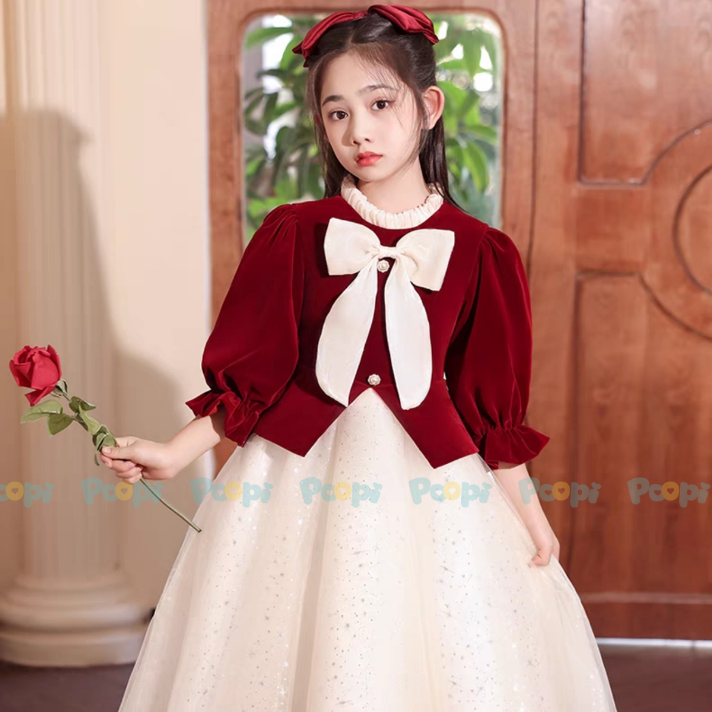 Váy Công Chúa Poopi Dáng Dài Tay Xòe Bồng  Màu Đỏ Đính Nơ Xinh Cho Bé, Váy Bé Gái Mặc Noel Mặc Tết