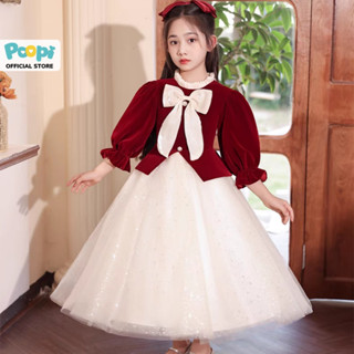 Váy Công Chúa Cho Bé Poopi Đầm Bé Gái Dài Tay Xòe Bồng Màu Đỏ Đính Nơ Xinh 3-10 Tuổi