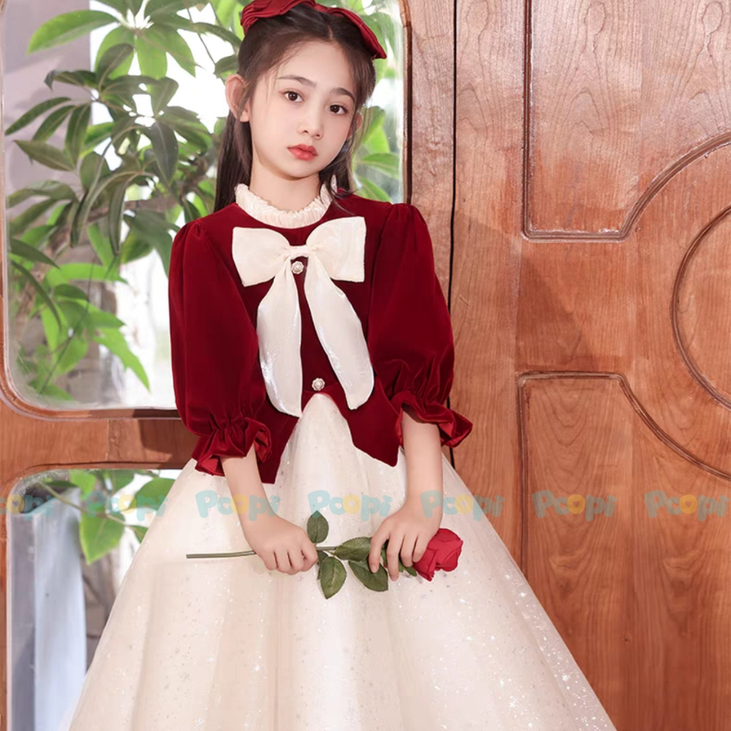 Váy Công Chúa Poopi Dáng Dài Tay Xòe Bồng  Màu Đỏ Đính Nơ Xinh Cho Bé, Váy Bé Gái Mặc Noel Mặc Tết