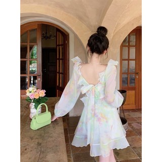 Đầm nữ voan hoa tay dài bánh bèo xinh đi biển đầm dáng xòe tiểu thư