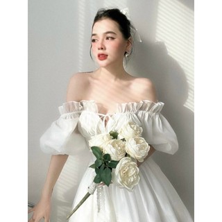 Đầm lụa tiểu thư trễ vai, xẻ ngực sexy mocking dáng xòe