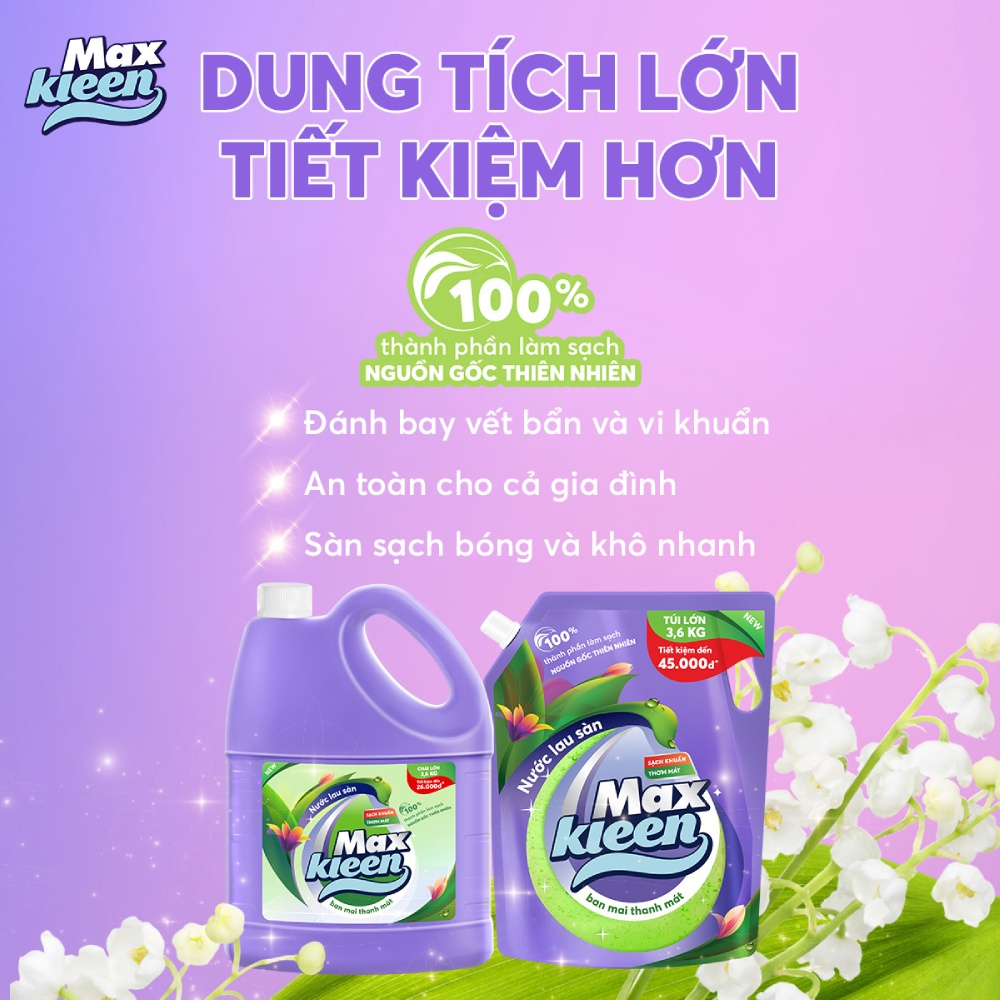 Combo 2 Túi Lau Sàn MaxKleen hương Ngàn hoa ngọt ngào 3.6kg Tặng Mặt nạ Bio Essence (20ml) & Dầu tắm gội Romano (60ml)