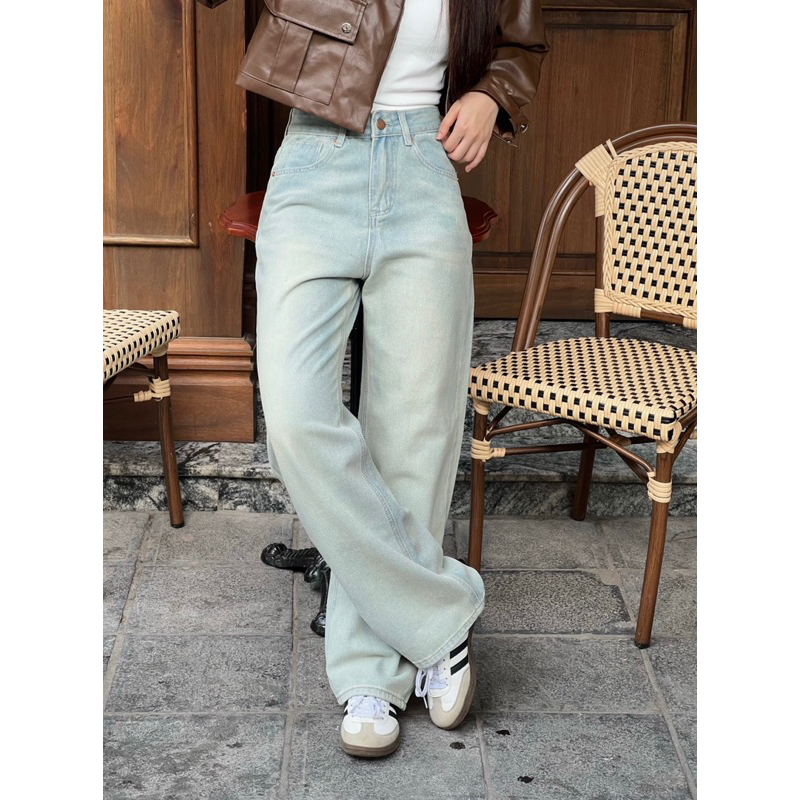 Hiin - Quần jeans suông xanh nhạt basic 8738