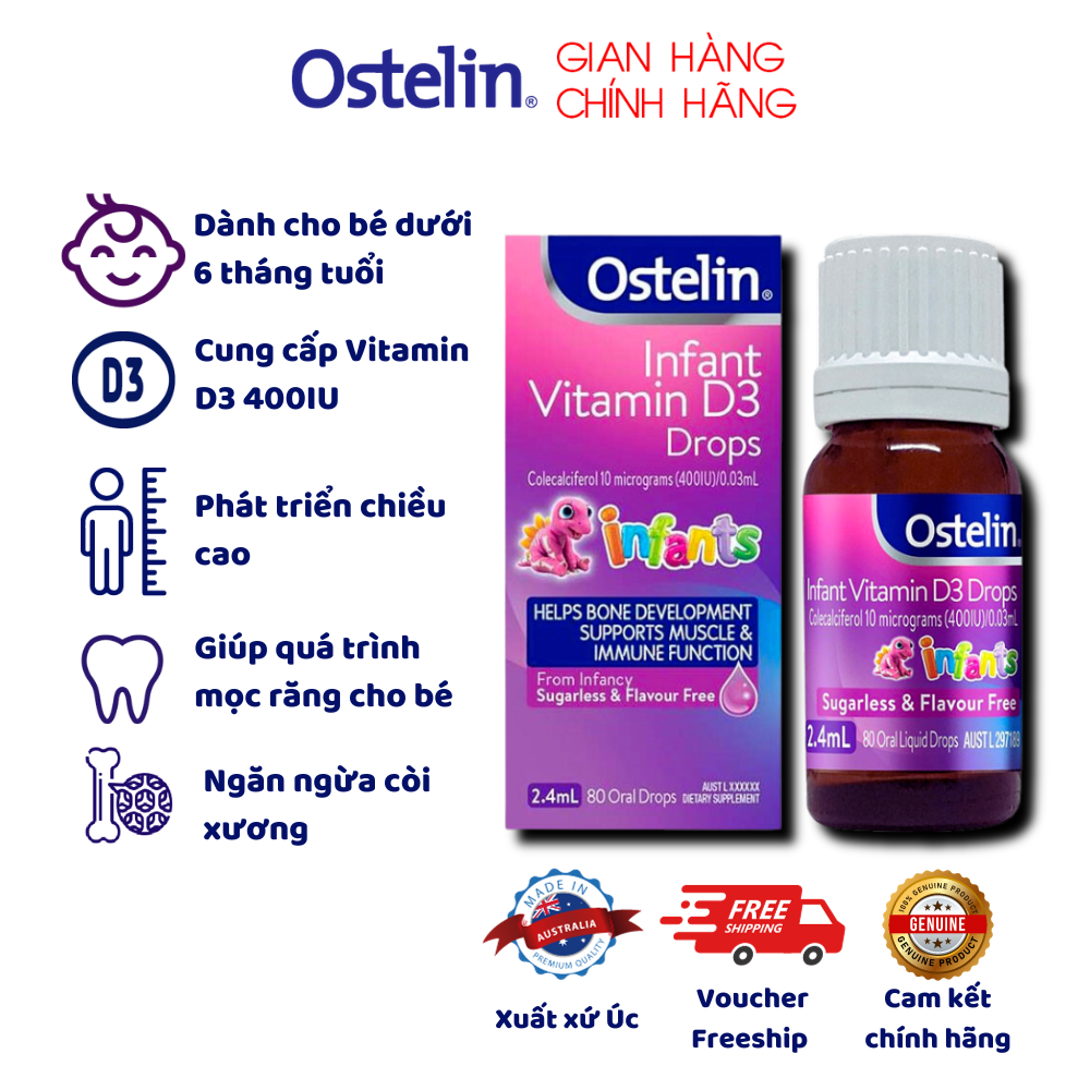 Vitamin D3 400 IU dạng giọt cho trẻ sơ sinh Ostelin Infant Kids Drops 2.4ml phòng ngừa tình trạng còi xương của bé