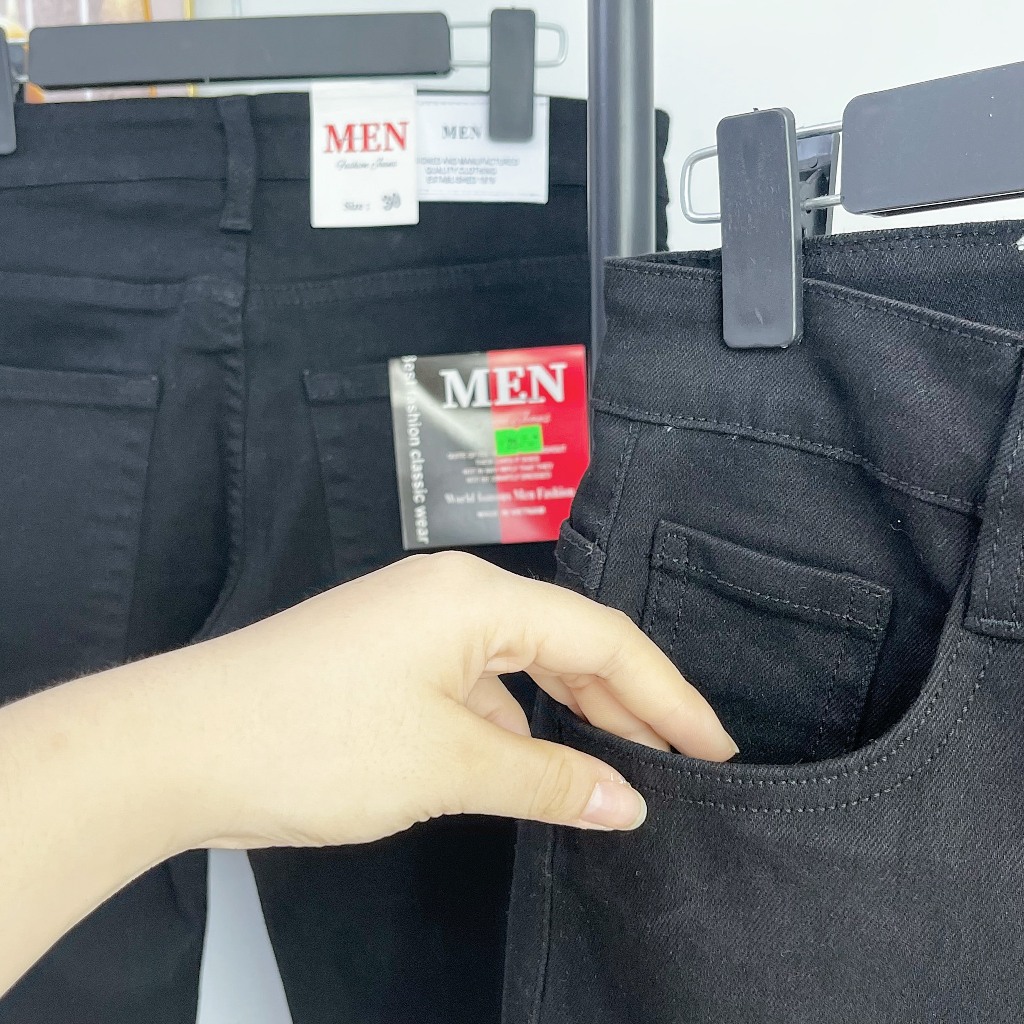Quần jean đen trơn nam bigsize basic slimfit vải co dãn tốt