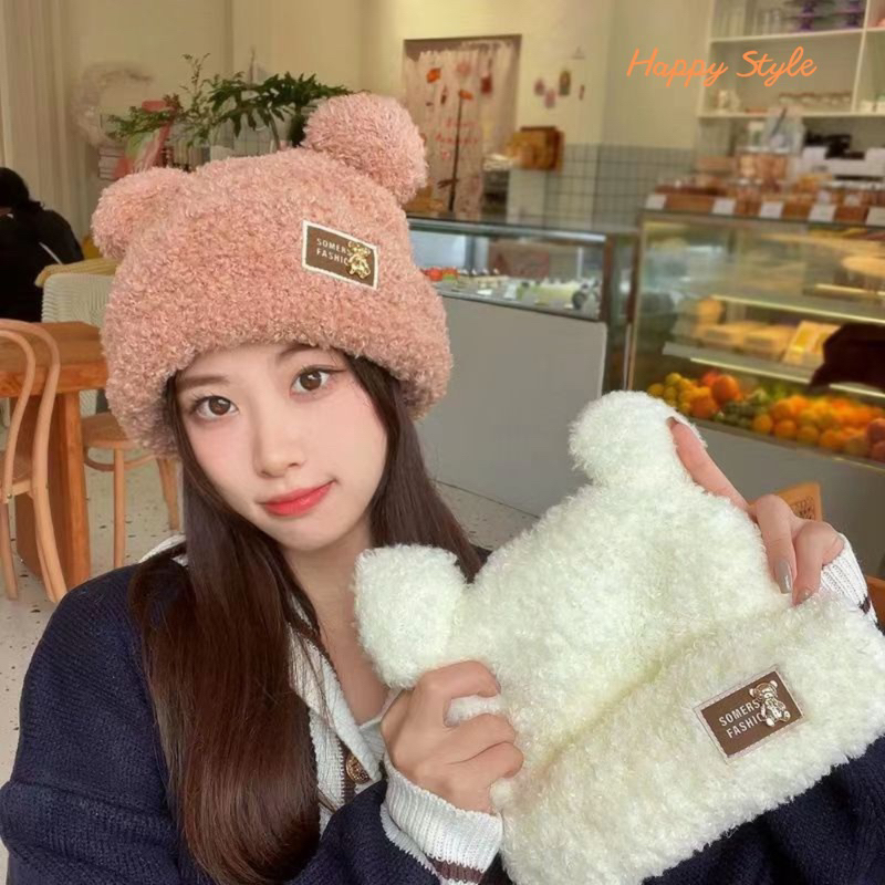 Mũ Lông Tai Gấu Nón Len Beanie Trùm Đầu Chất Lông Dày Dặn Hàn Quốc Mùa Đông Ấm Áp
