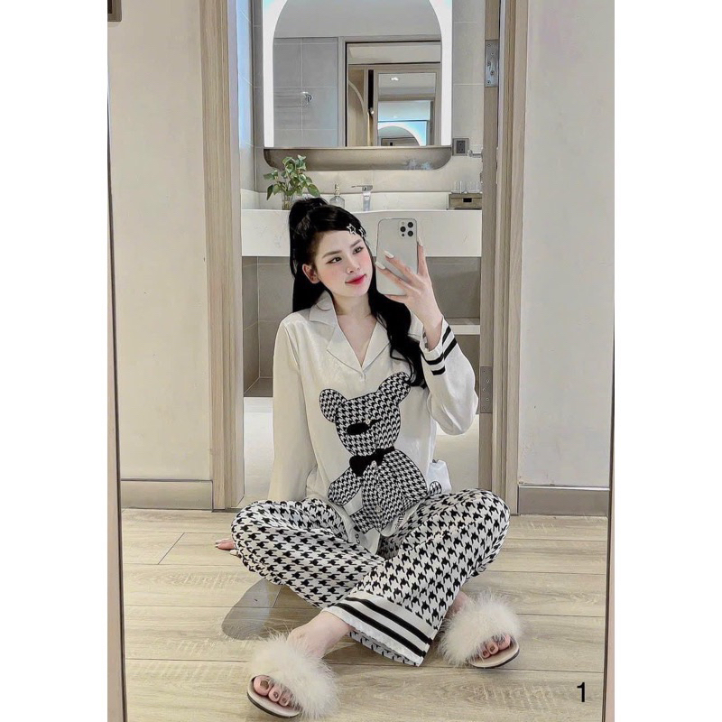 Pijama lụa xước ánh kim tay dài quần dài