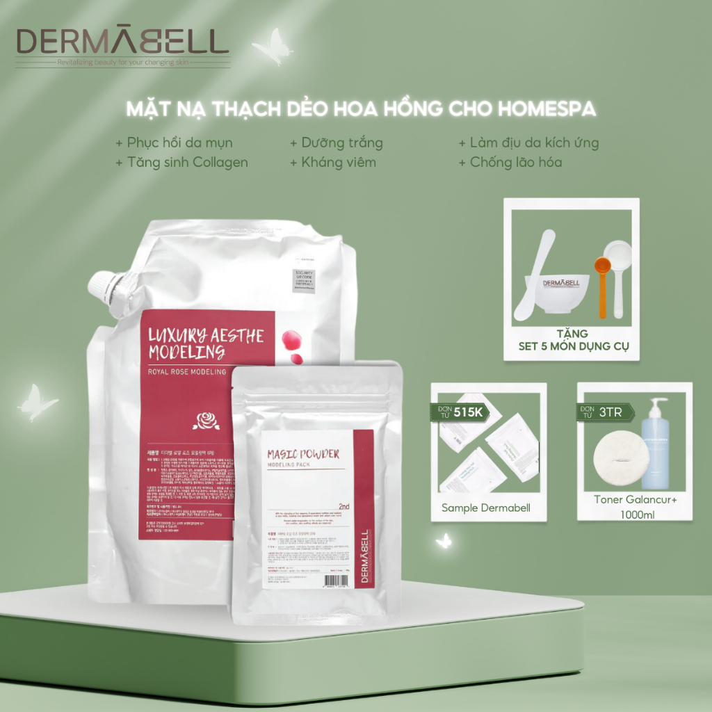 Set mask thạch Dermabell Rose Modelling Mask chiết xuất hoa hồng dưỡng ẩm làm sáng da