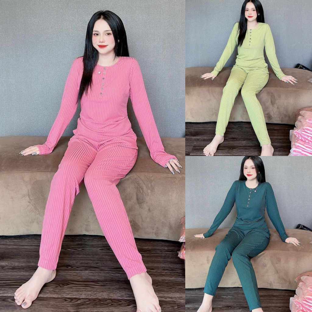 Đồ bộ nữ, set đồ bộ quần legging đai cao có túi và áo dài tay lai bầu cổ tròn có nút vải thun gân, bộ đồ mặc ở nhà nữ
