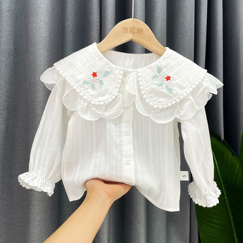 Áo sơmi trắng thêu hoa cho bé gái