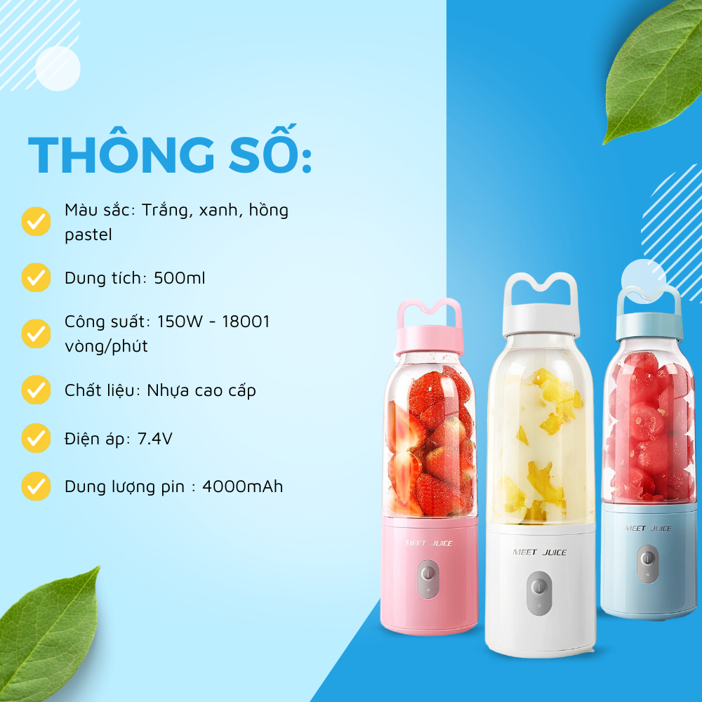 Máy xay sinh tố cầm tay Meet Juice 500ml mini, máy xay cầm tay đa năng ,xay đá viên,xay hoa quả các loại- TongkhoGiaDung