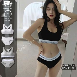Set bộ cotton dáng áo bra thể theo có viền chữ, quần lọt khe cotton, quần lót nữ tam giác cotton CK366