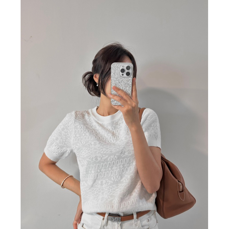 Áo Knit White Pattern LACIEL