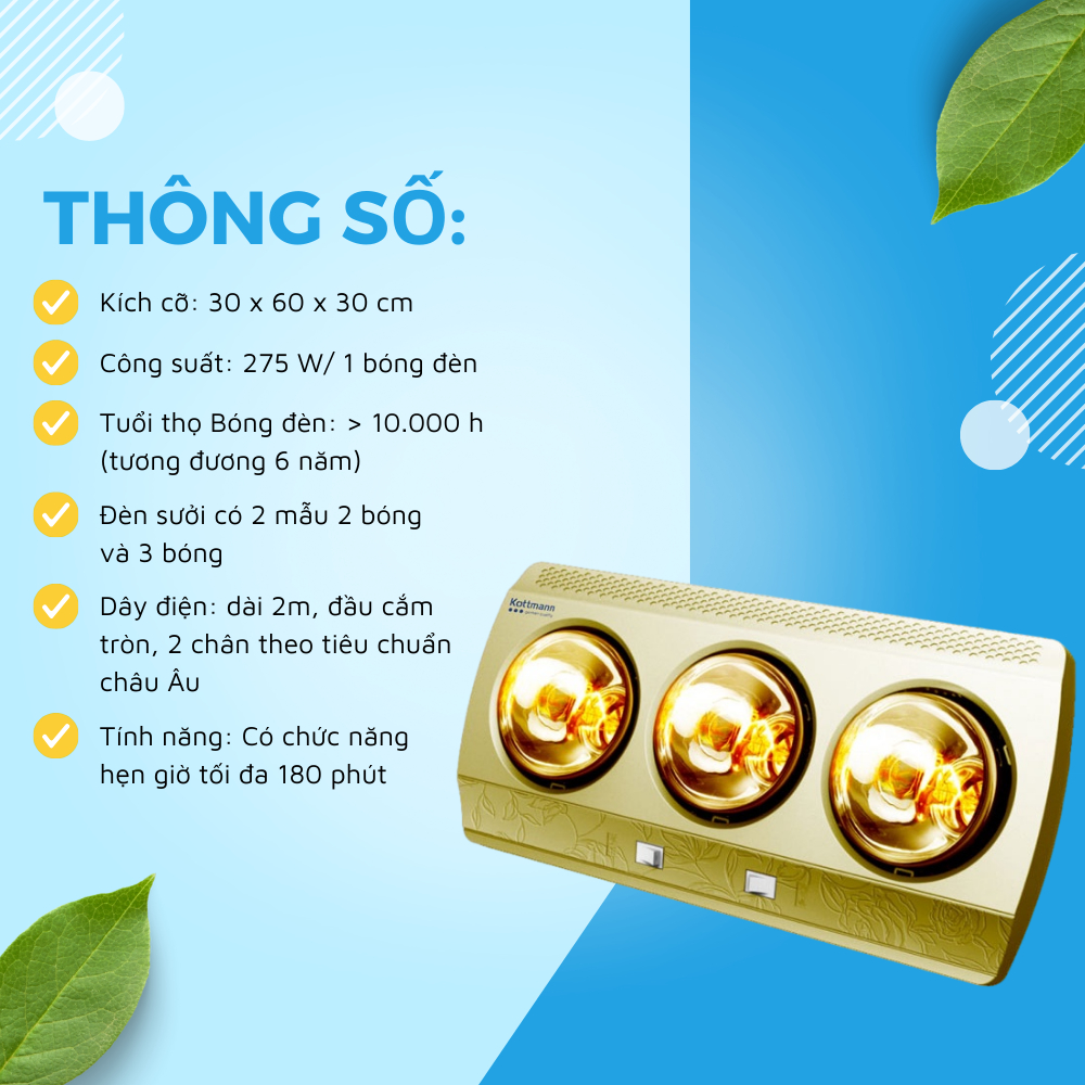 Đèn Sưởi Nhà Tắm Đui Sứ Chống Cháy Nổ, 2 Bóng 3 Bóng Treo Tường Cao Cấp - Tongkhogiadung