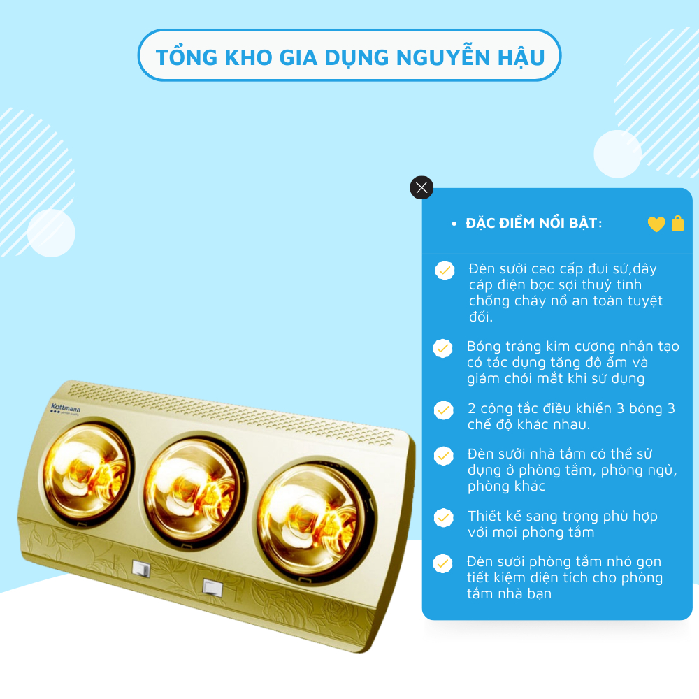 Đèn Sưởi Nhà Tắm Đui Sứ Chống Cháy Nổ, 2 Bóng 3 Bóng Treo Tường Cao Cấp - Tongkhogiadung
