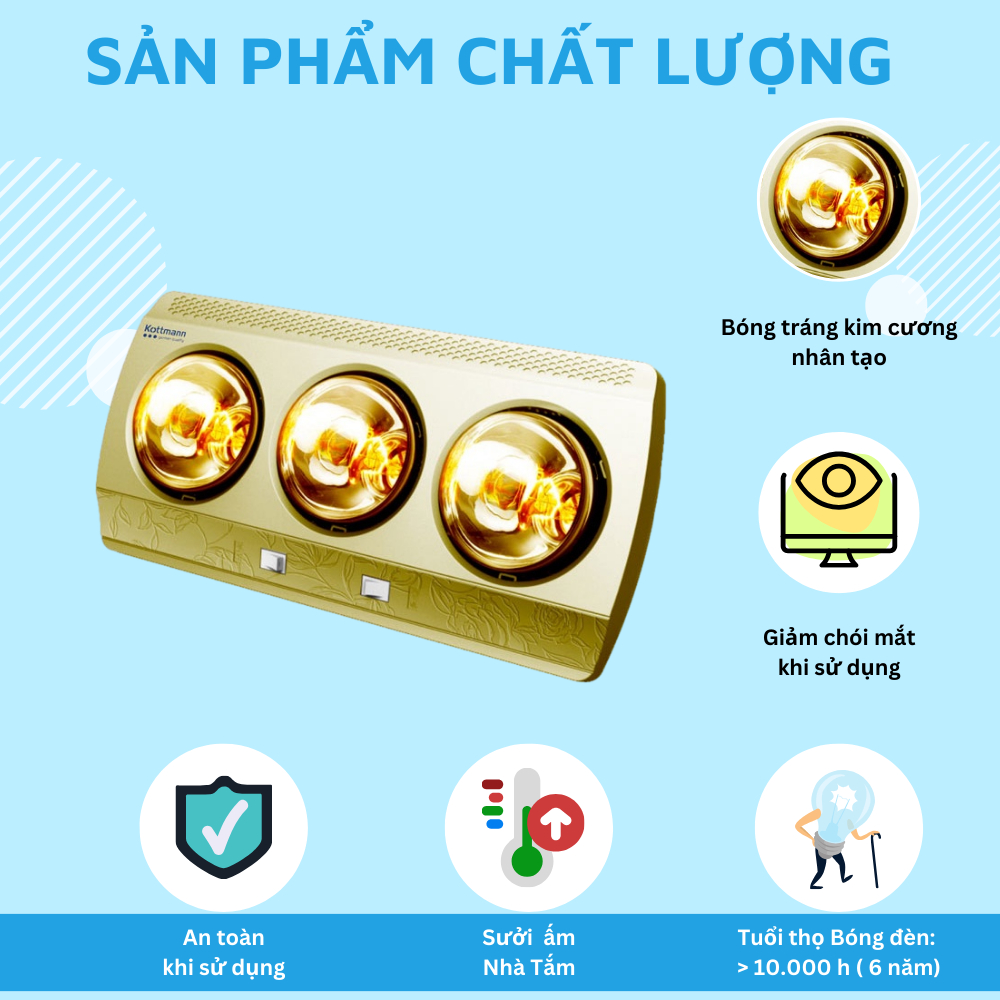 Đèn Sưởi Nhà Tắm Đui Sứ Chống Cháy Nổ, 2 Bóng 3 Bóng Treo Tường Cao Cấp - Tongkhogiadung