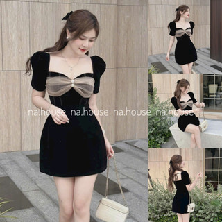 Đầm nhung đen tay ngắn đi chơi dự tiệc Nahouse váy chữ A tiểu thư đạp lưới nơ ngực thiết kế đẹp xinh xắn và sang trọng