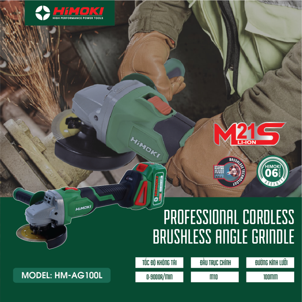 🌹FREESHIP🌹 Máy cắt cầm tay dùng pin Himoki HM-AG100L Không chổi than siêu khỏe - Pin khủng 15 Cell, Ruột đồng 100%