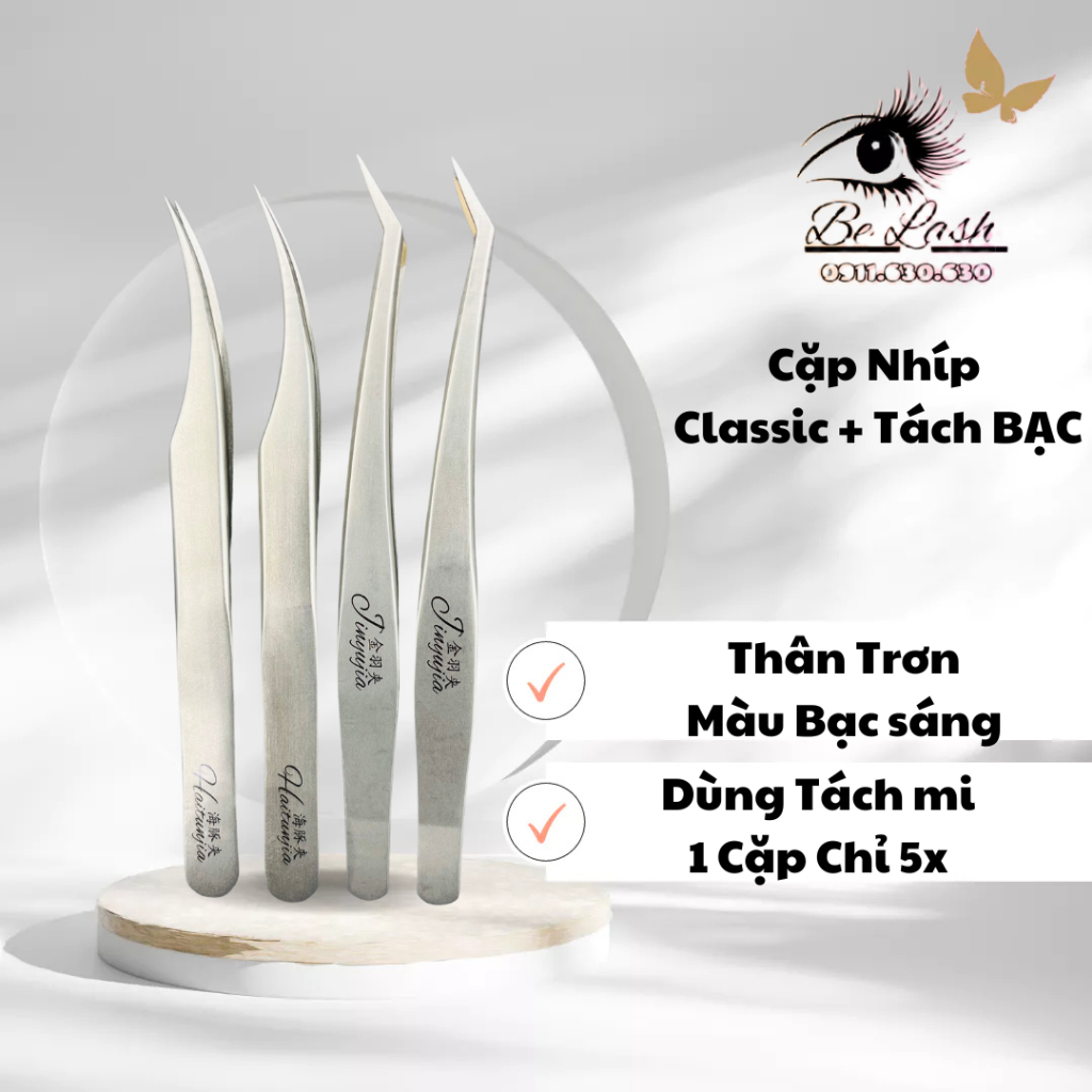 Cặp Nhíp Classic + Tách heo bạc - Nhíp Nối Mi BELASH