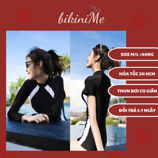 Bikini Đồ Bơi Một Mảnh Dài Tay Dạng Short Màu Đen Chạy Sọc Trắng R21