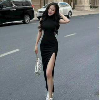 Đầm thời trang nữ dự tiệc sang trọng chất thun gân cổ tròn không tay dáng váy ôm body maxi xẻ lai sang chảnh