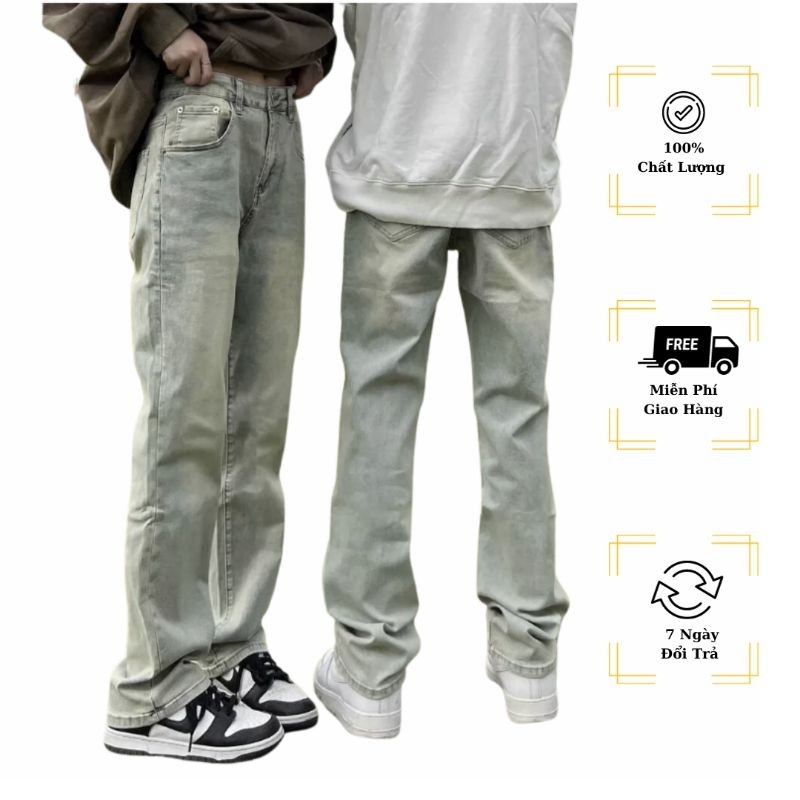 Quần Jean Nam Retro Form unisex Suông Ống Đứng - Màu Rêu Bạc Cá Tính- Giá Sinh Viên - ĐƯỢC KIỂM TRA HÀNG ( M16)