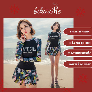 Bikini, Đồ Bơi Đi Biển Hai Mảnh Tay Dài Váy Xòe Hoa Đi Biển Đi Bơi R8