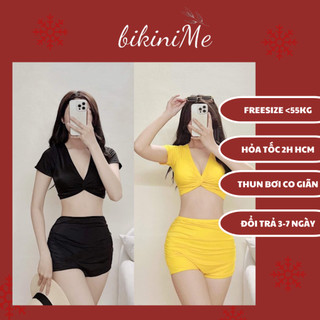 Bikini Đồ Bơi Nữ Hai Mảnh Quần Đùi Cạp Cao Áo Croptop Xoắn Bụng Nhiều Màu R4