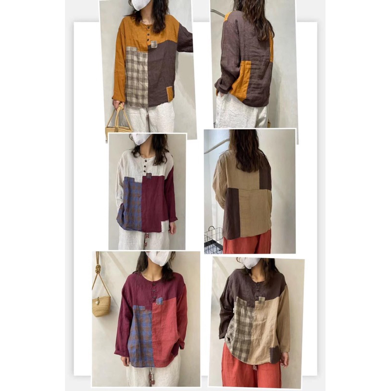 Áo sơmi linen chắp vá