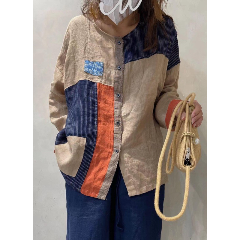 Áo sơmi linen chắp vá