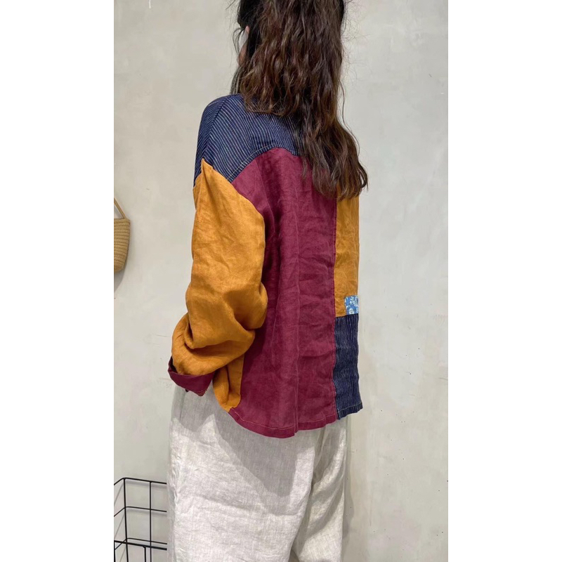 Áo sơmi linen chắp vá