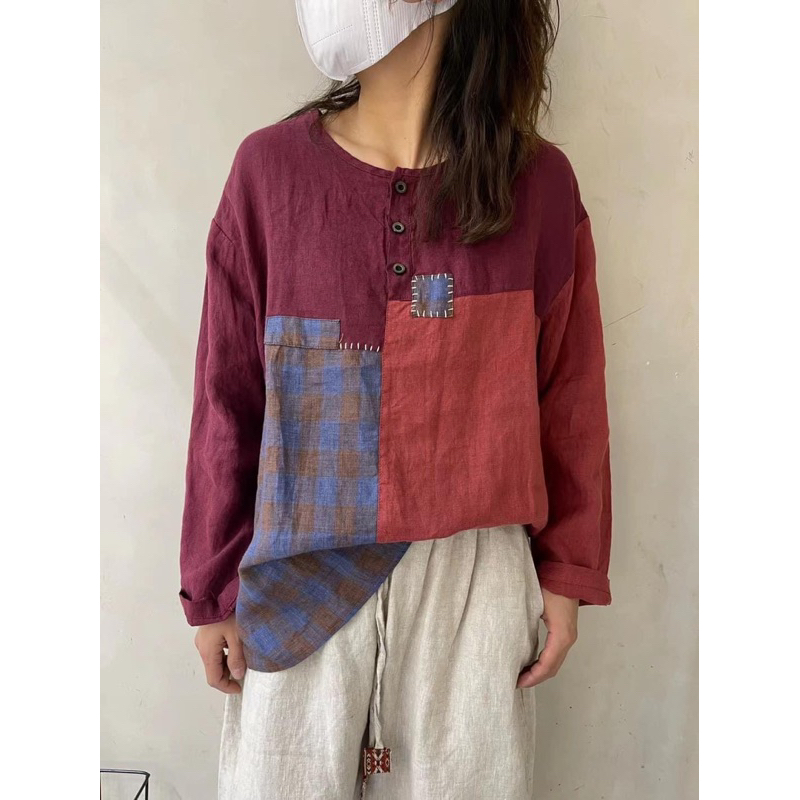 Áo sơmi linen chắp vá