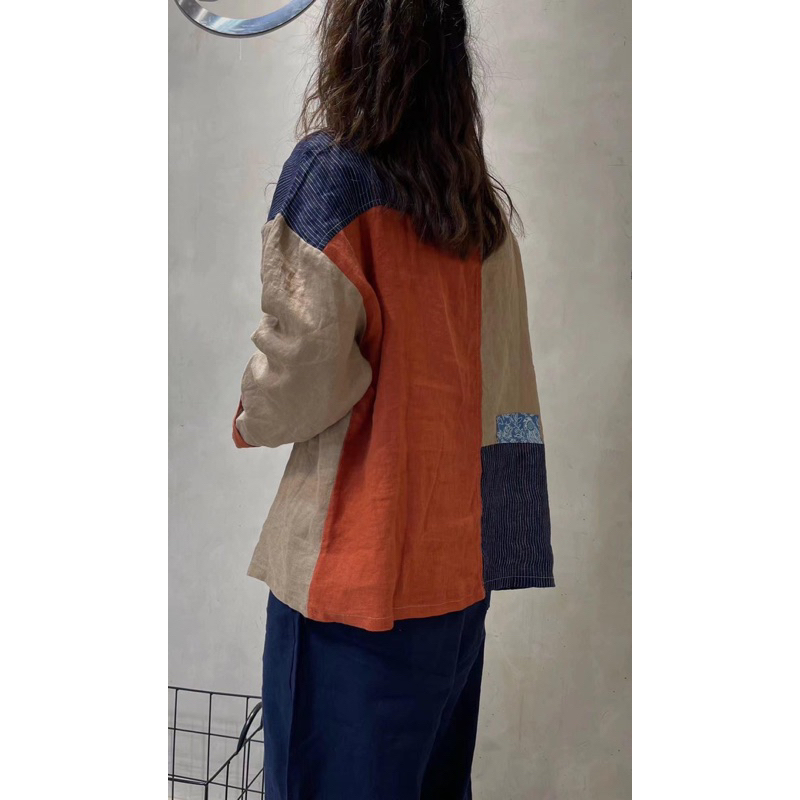 Áo sơmi linen chắp vá