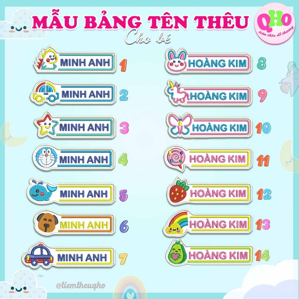 Bảng Tên Cho Bé Thêu Theo Yêu Cầu - Ủi Hoặc May Lên Quần Áo, Balo, Mũ, Nón - TheuQhoShop