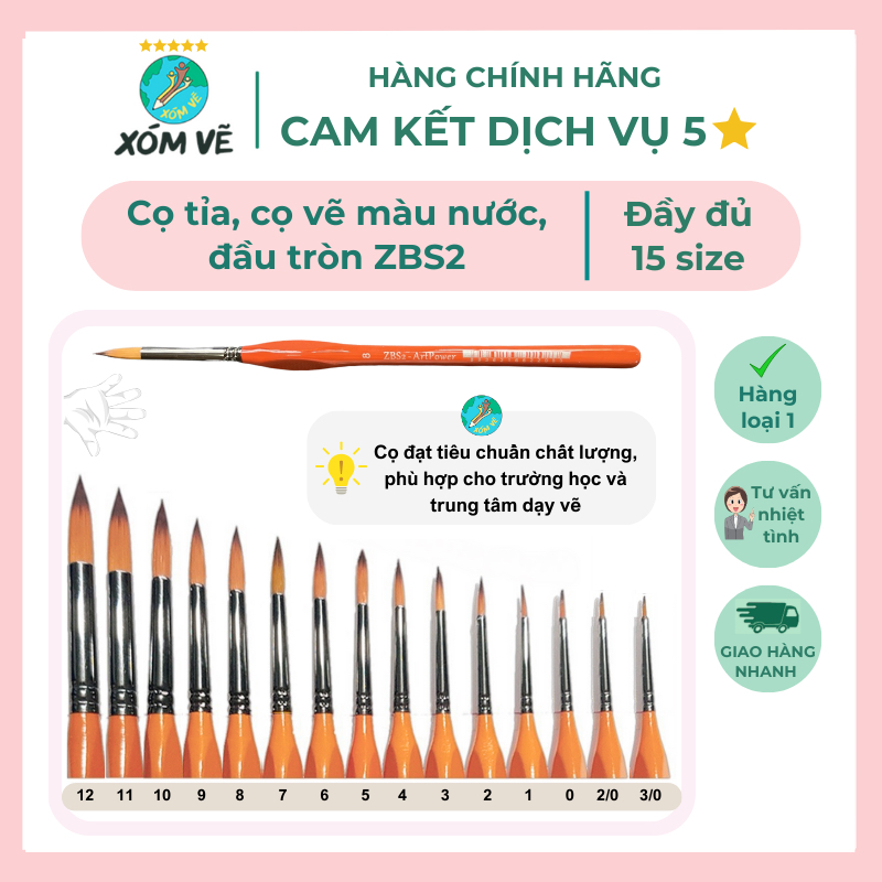 Cọ vẽ đầu tròn ZBS2 vẽ màu nước, màu bột, đủ size, phù hợp luyện thi và học vẽ