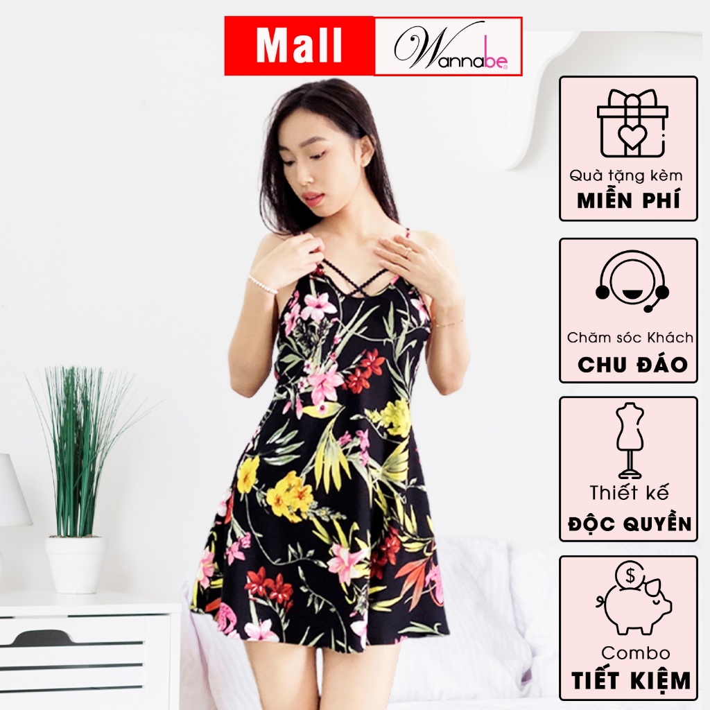 Đồ ngủ nữ WANNABE DNS89 đầm ngủ họa tiết hoa tropical mùa hè rực rỡ, đi biển bao xinh