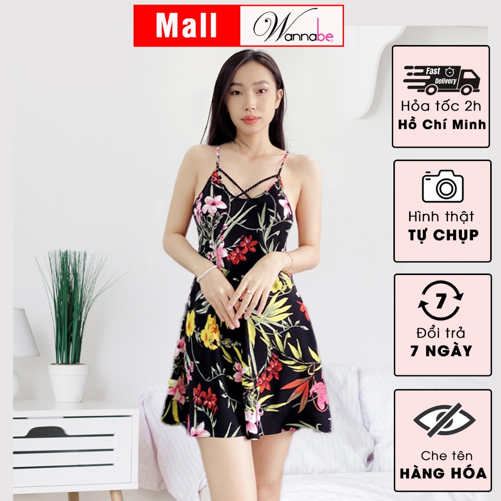 Đồ ngủ nữ WANNABE DNS89 đầm ngủ họa tiết hoa tropical mùa hè rực rỡ, đi biển bao xinh