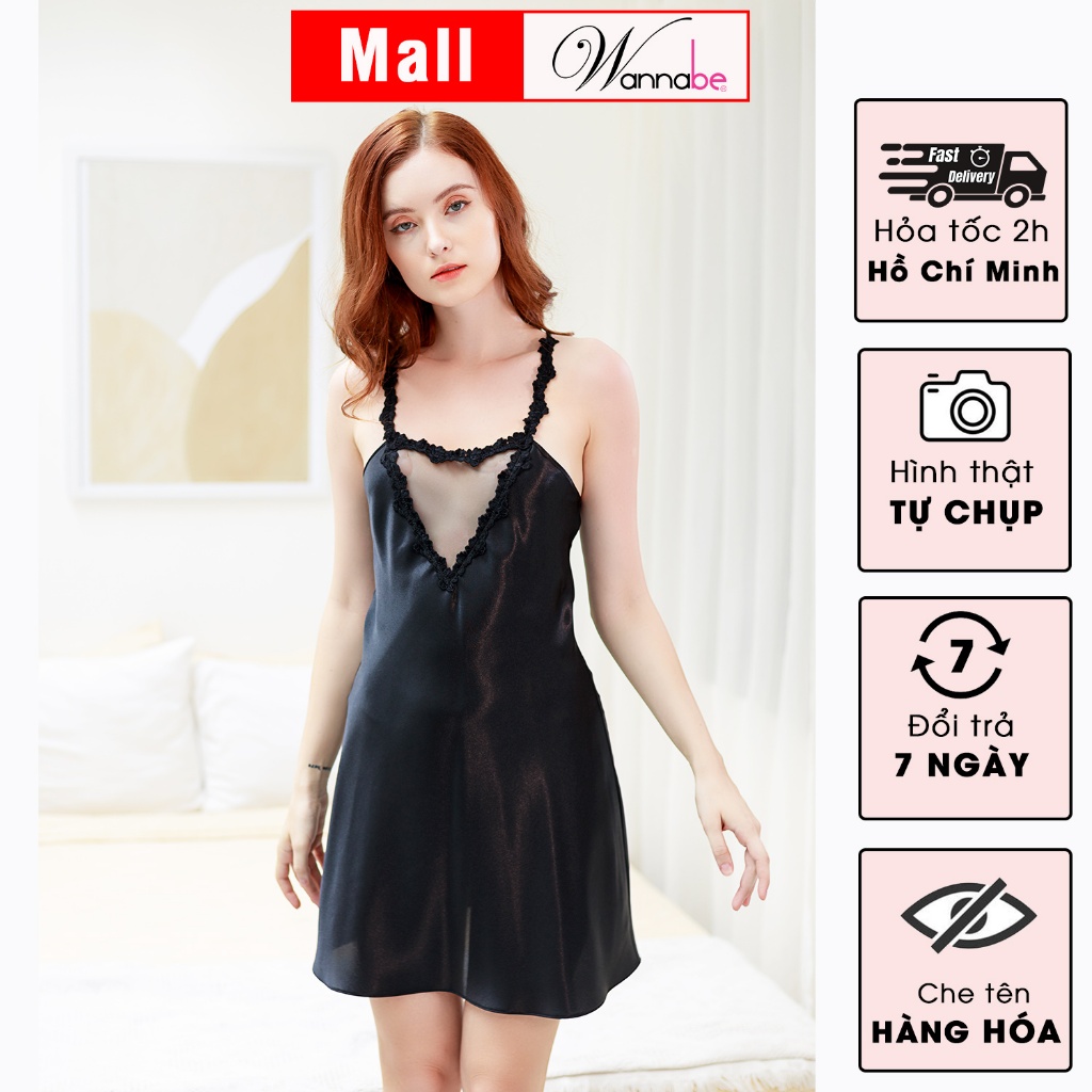 Đầm ngủ WANNABE DNS30 váy ngủ 2 dây satin lụa với thiết kế trái tim cách điệu trên ngực trẻ trung nữ tính xinh xắn