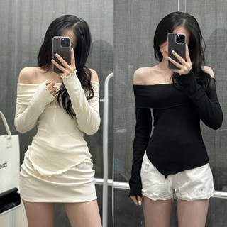 Áo kiểu tay dài dáng trễ vai xẻ tà nhẹ nhàng