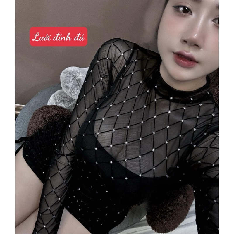 Đầm body rút dây sườn phối lưới đính đá lấp lánh sexy quyến rũ