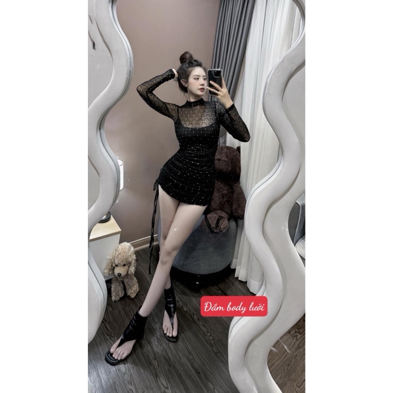 Đầm body rút dây sườn phối lưới đính đá lấp lánh sexy quyến rũ