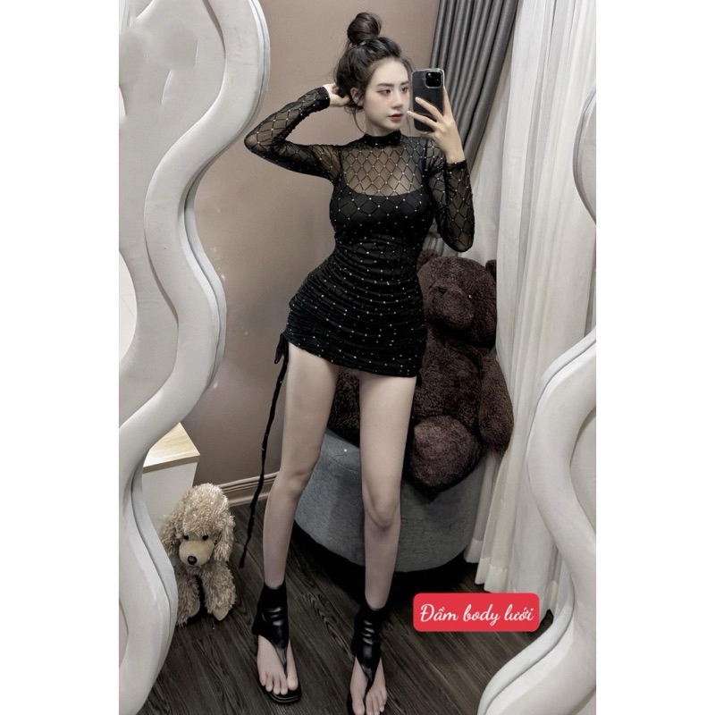 Đầm body rút dây sườn phối lưới đính đá lấp lánh sexy quyến rũ