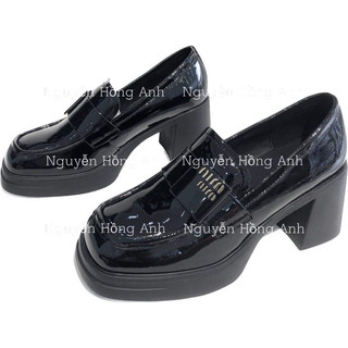 Giày đốc nữ da bóng chữ Mmin gót vuông đế nhẹ cao 7p cho nữ