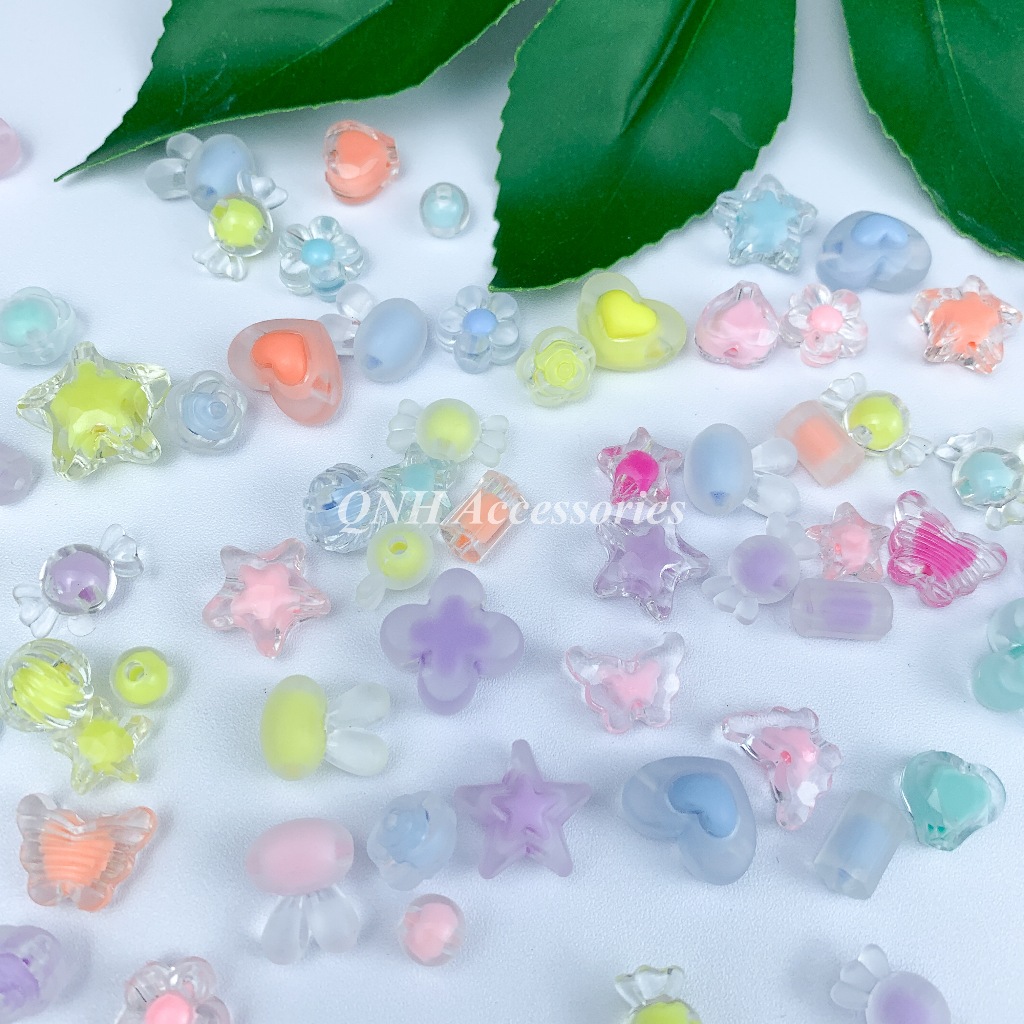 Gói 10g hạt nhựa trong màu nhân hình tròn, ngôi sao, viên kẹo dùng làm vòng tay, vòng cổ, làm trang sức thủ công DIY